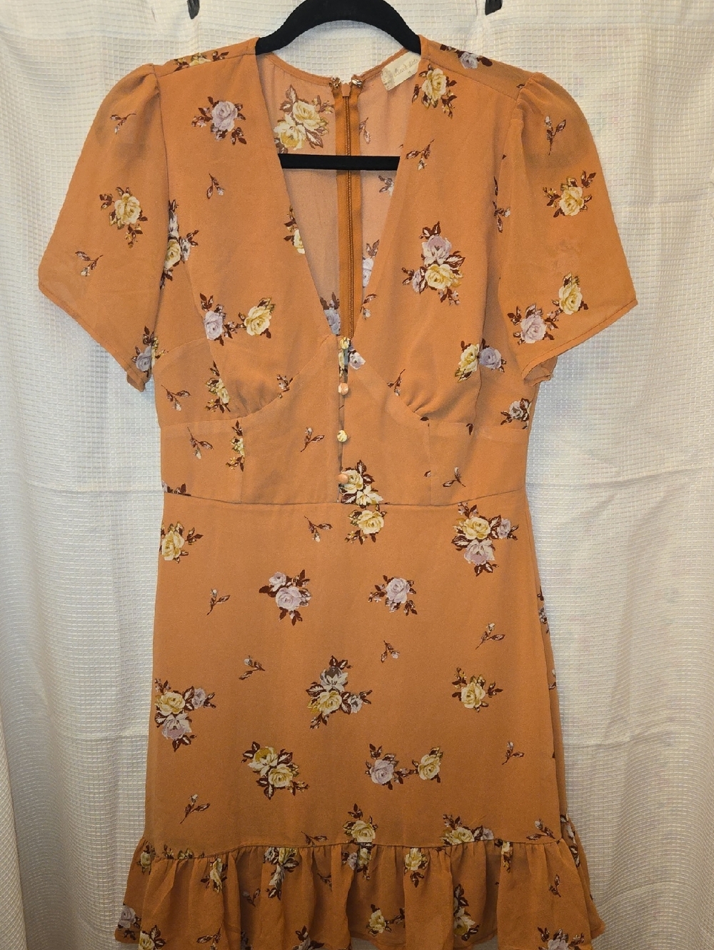 Altar’d State Mustard Floral Dress V-Neck Ruffle Hem Size M